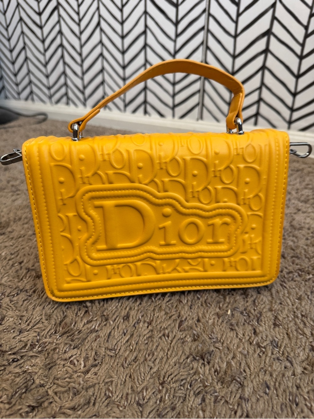 Luxury Inspired Structured Yellow Crossbody Bag Raised Logo Top Handle Purse